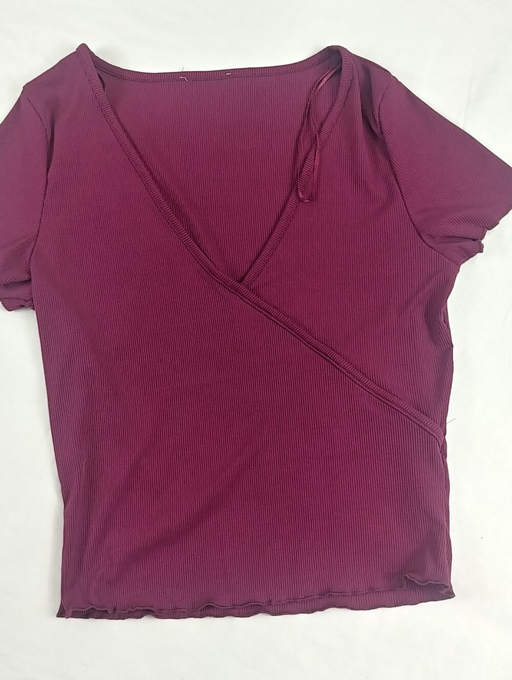 Self Burgundy Faux Wrap Blouse Women XL Cap Sleeve Crop Stretch Normcore Preppy